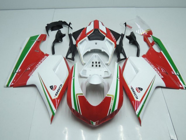 Carenado Moto Ducati 848 1098 1198 07-14 - Blanco & Rojo con Verde Raya Carenado Moto Ducati 848 1098 1198 07-14 - Blanco & Rojo con Verde Raya